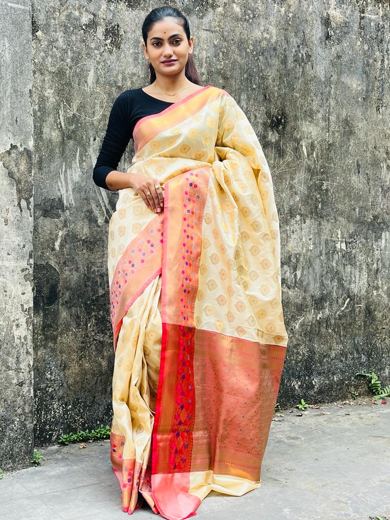 Golden & Red Designer Silk Saree – StylebyPanaaash
