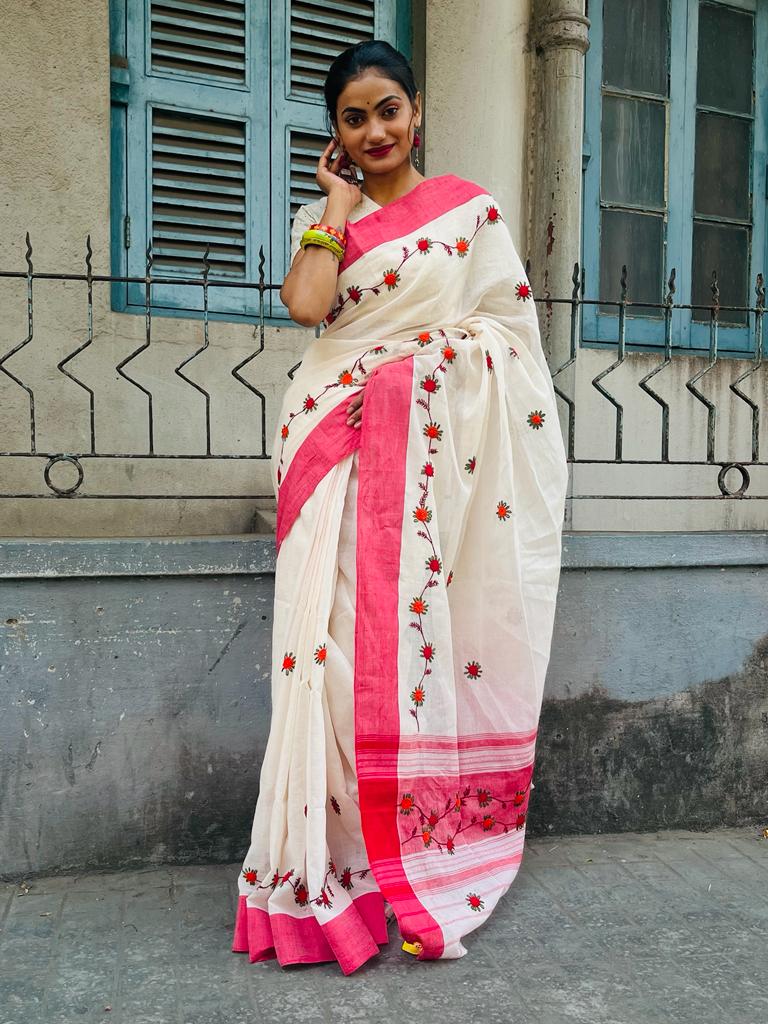 Kantha stitch saree on Pure Dhaniakhali cotton..