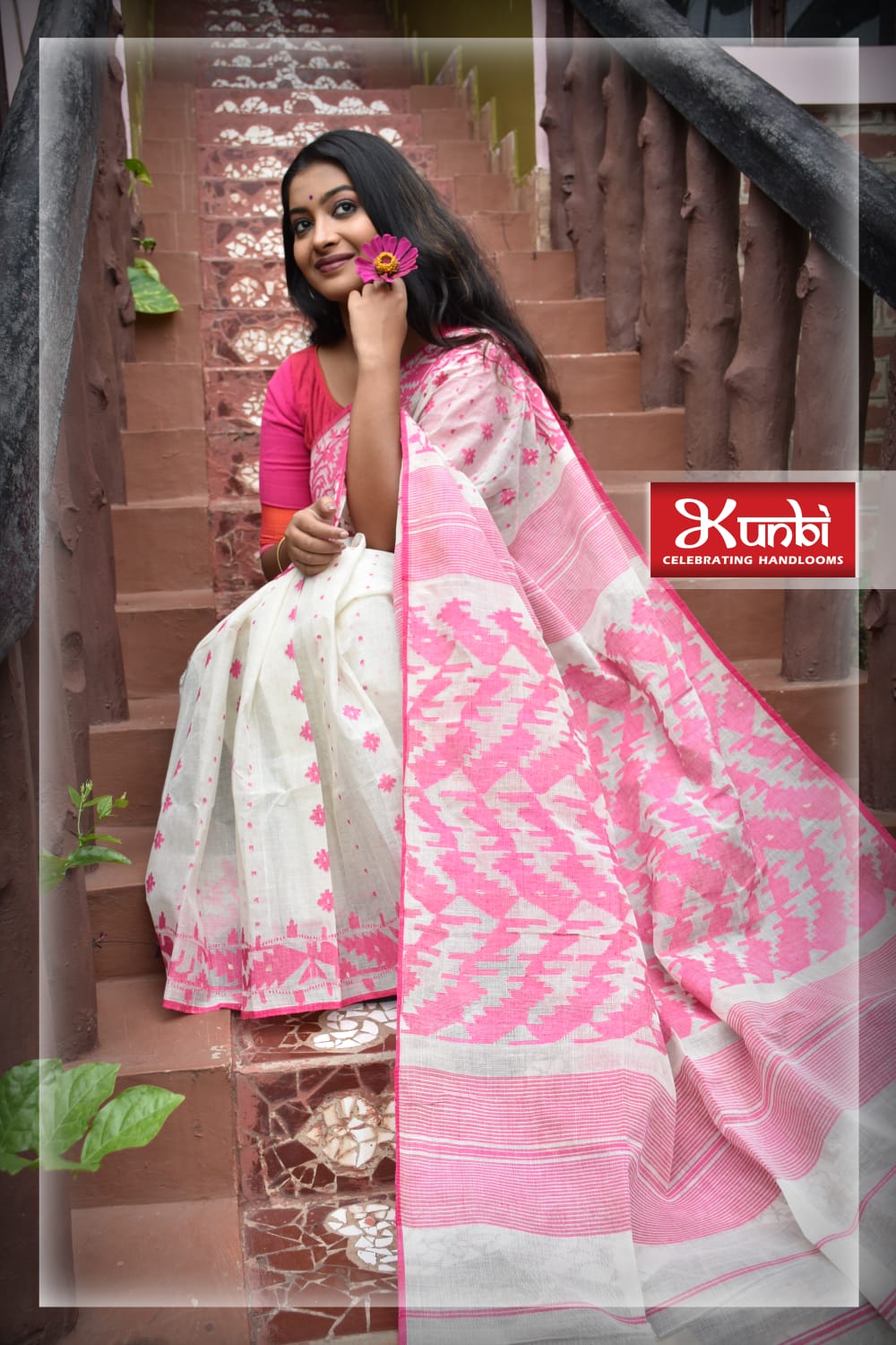 Peach Dhakai Jamdani Saree - Dhunki fashion